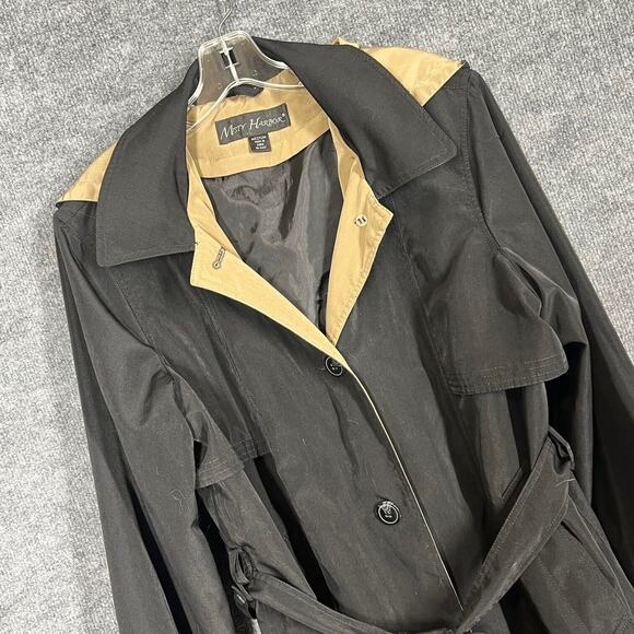 Misty Harbor Trench Coat Womens Medium Black Tan Classic Hood Belt Outdoor Rain - Picture 2 of 11